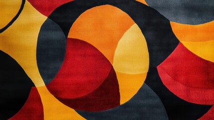 Colorful geometric area rug featuring curved shapes in red, orange, yellow, and black. This contemporary rug adds a modern and artistic element to home decor.