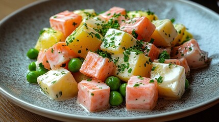 Colorful, creamy potato and carrot salad with peas
