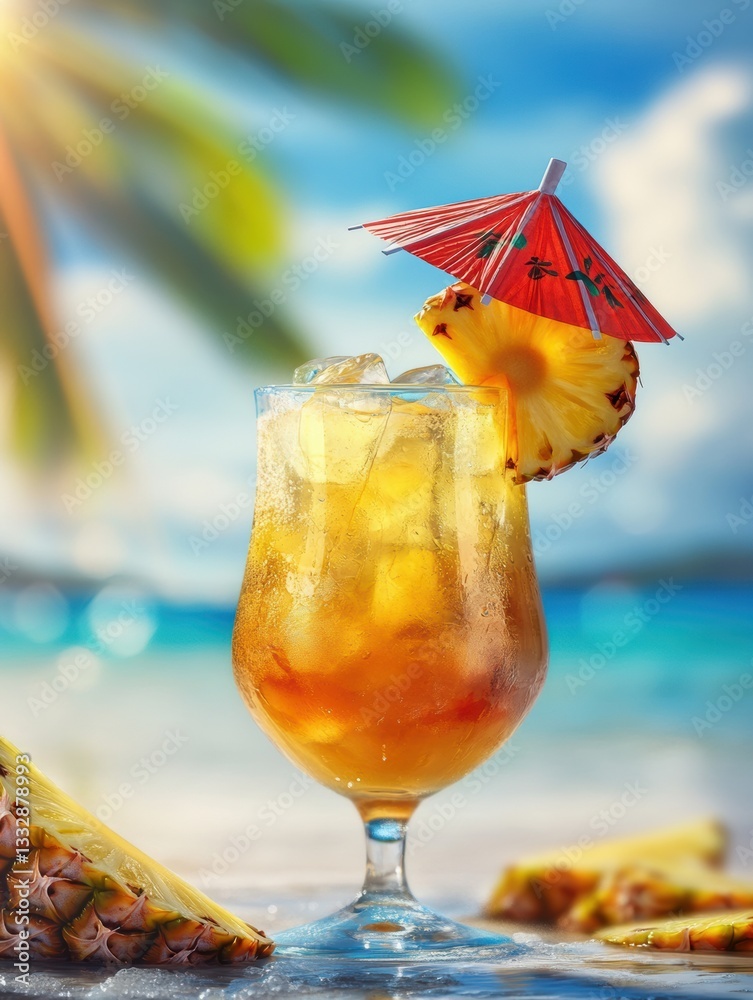 Poster exotic cocktail with pineapple and umbrella shines under sunlight on beach, evoking relaxation and t
