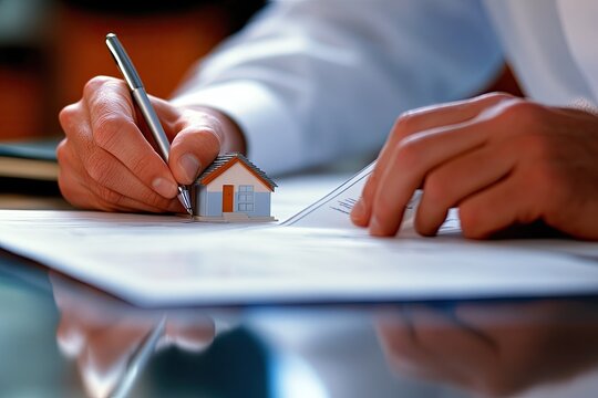 Signing house purchase documents in office - Powered by Adobe