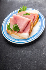 Sandwich ham tasty fresh gourmet food background on table rustic food top view copy space