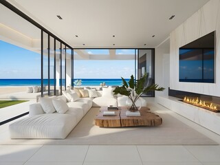 Luxury beach house living room furniture, ocean view home.