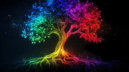 Vibrant rainbow tree with glowing leaves and roots against a black background. Psychedelic Roots. Illustration