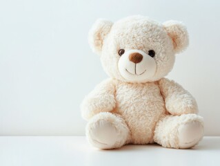 Obraz premium A light beige plush teddy bear with round black eyes, a brown nose, an embroidered black smile, and soft, fluffy fur sitting on a light surface