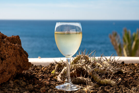 Celebration, birthday party, drinking of cold dry white wine in vacation resort Costa Adeje, Tenerife, Canary islands winter sun vacation, Spain