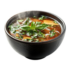 A Hot Bowl of Pho with Steam Rising and Herbs Isolated on Transparent Background