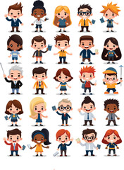 Cartoon illustration of a diverse group of students and children
