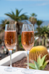 Celebration, birthday party, drinking of rose cava or champagne sparkling wine in vacation resort Costa Adeje, Tenerife, Canary islands winter sun vacation, Spain