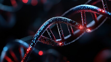 Exploring the Vibrant Complexity of DNA Strands Illuminated in Dynamic Red and Blue Hues Within a Dark Backdrop Generative AI