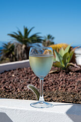 Celebration, birthday party, drinking of cold dry white wine in vacation resort Costa Adeje, Tenerife, Canary islands winter sun vacation, Spain