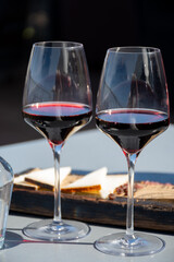 Wine making on bodegas wineries on volcanic soils of Mount Teide in Tacoronte-Acentejo wine region on Tenerife, Canary islands vacation, Spain, tasting of red listan negro grape wine