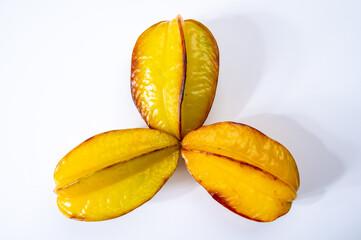 Ripe fresh averrhoa carambola or star fruits on white background