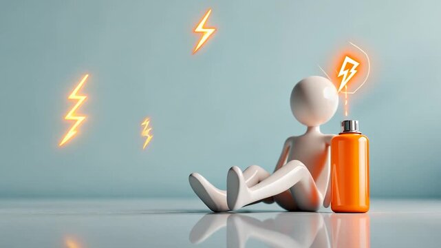 A stylized figure resting beside an orange energy drink bottle with lightning icons in a minimalist setting