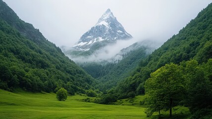 Fototapeta premium Snow Capped Mountain Peak Above Lush Green Valley in Mist