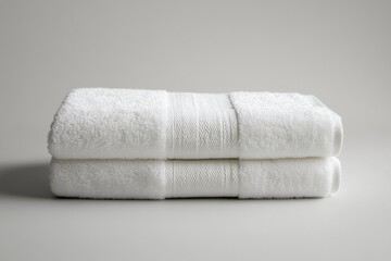 Luxurious white towels stacked neatly on a serene bathroom countertop, evoking a sense of comfort and cleanliness in a modern setting