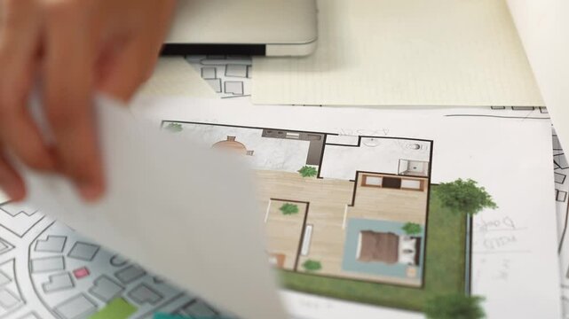 Professional engineer team discussion about house design on meeting table with architectural equipment and building blueprint scatter around at modern office. Focus on hand. Closeup. Delineation.