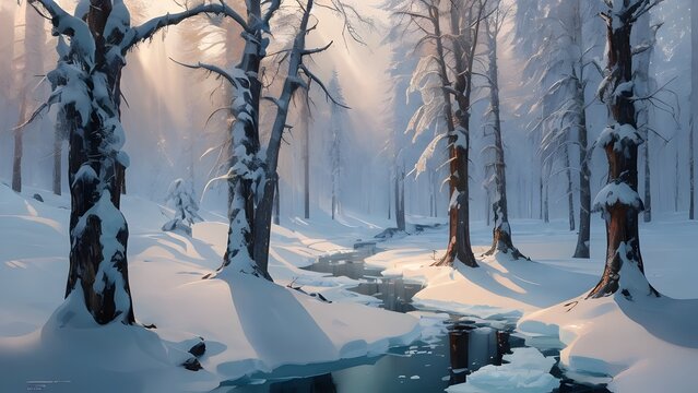 snow landscape  forest  lake  fog sunlight