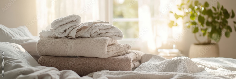 Leinwandbilder freshly washed towels and linens create a cozy bedroom atmosphere with soft light and inviting neutr