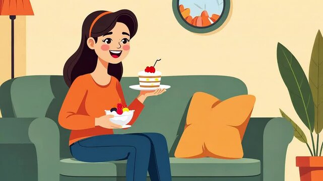 Happy young woman sitting on sofa and eating creamy desserts in living room, cartoon vector style, lifestyle concept