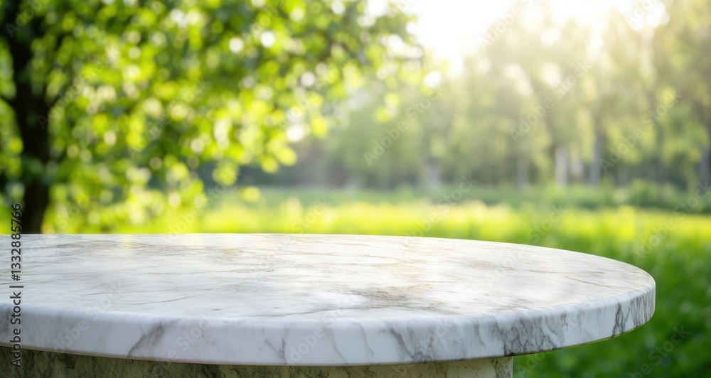 Poster empty marble table with blurred green spring nature background