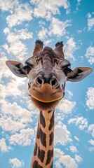 Obraz premium Giraffe gazing from low viewpoint beneath a blue cloudy sky