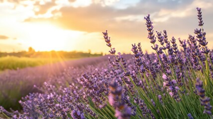 Fototapeta premium Lavender Field Sunset: Vibrant Purple Flowers and Golden Light