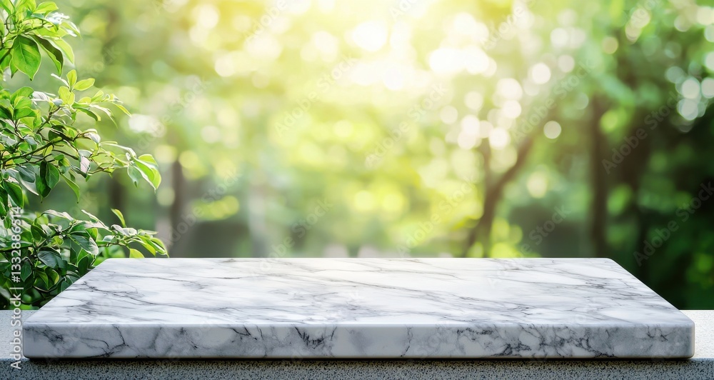 Poster Empty marble table with blurred green spring nature background for product display