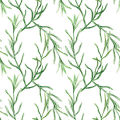 Naklejka premium Green twigs seamless pattern, watercolor. Hand drawn vector illustration. For design of wrapping paper, textile, covers, fabric, wallpaper, banners.