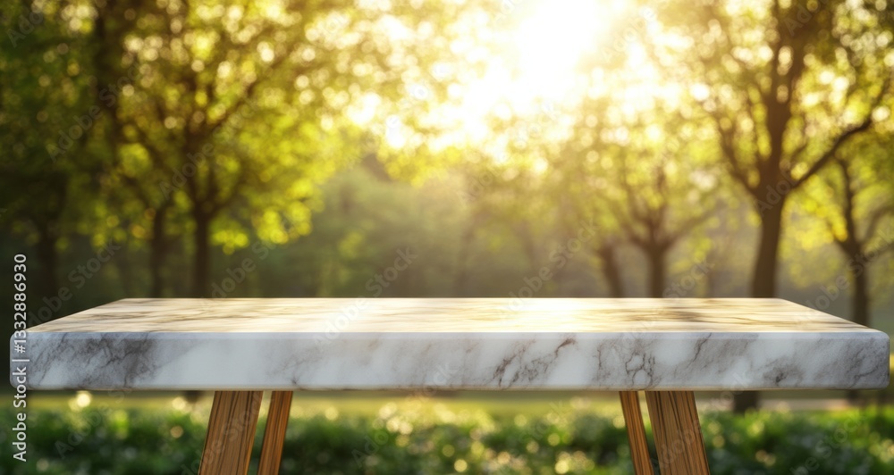 Poster Empty marble table displaying products with blurred green spring nature background
