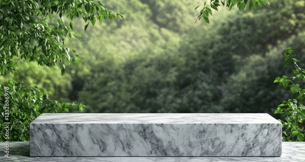 Poster Empty marble table displaying products with blurred green spring nature background