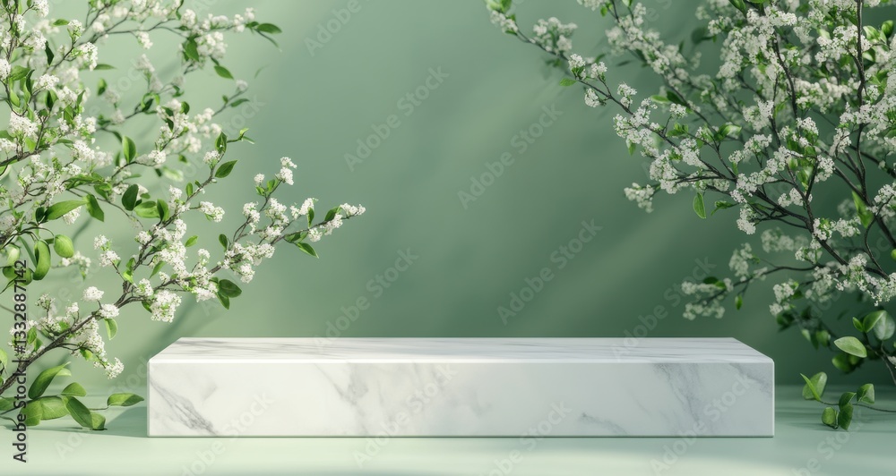 Aufkleber empty marble table displaying spring nature blurred background for product montage