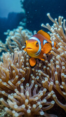 Close-up of sea anemone with clownfish swimming around