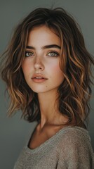 Naklejka premium Serene portrait of a woman in a soft gray background