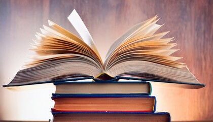 Fototapeta premium an open book lying on a stack of other books