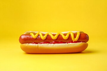 Delicious hot dog with mustard and ketchup served against a bright yellow background