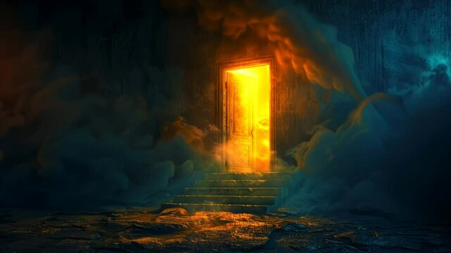 A door is open in a dark cave with smoke and steam coming out of it. The scene is eerie and mysterious, with the door being the only source of light in the room
