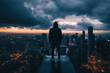 Strong figure commanding the skyline at dusk with dramatic lighting and bold colors in an urban landscape Generative AI