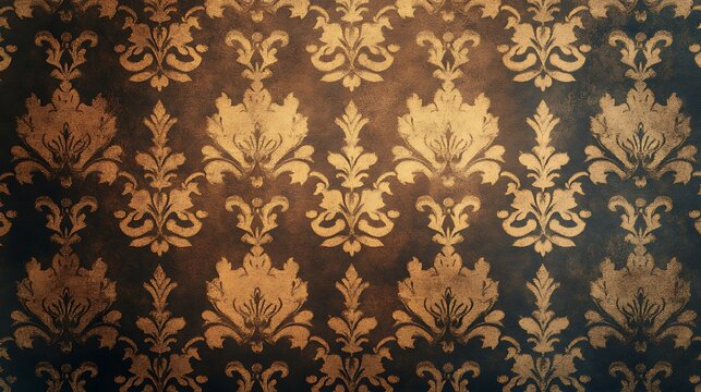 Vintage Damask Wallpaper with Ornate Floral Patterns, Vintage damask wallpaper with ornate floral patterns in brown and gold tones