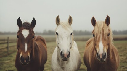 Obraz premium Three horses, brown, white, and light brown, stand in a foggy field.