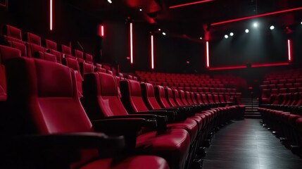 Stunning Interior of a Modern Cinema Showcasing Crimson Seats and Sleek Lighting Design Generative AI