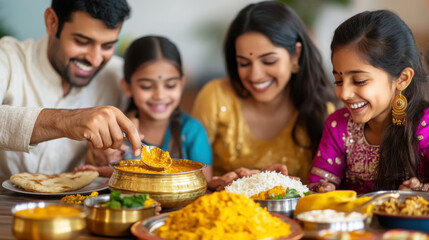 Joyful family sharing traditional indian meal together at home
