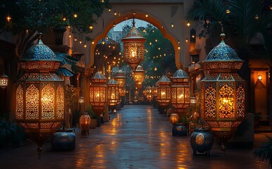 Beautifully Lit Walkway with Ornate Lanterns Under a Green Archway


