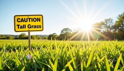 Caution sign in tall grass under bright sun, safety awareness