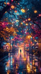 Fototapeta premium A person walks down a colorful lantern lit street at night