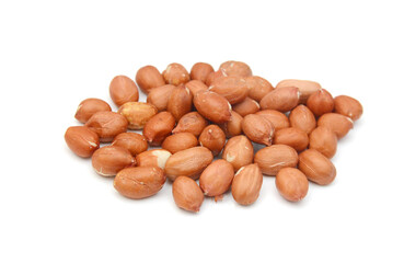 Dried peanuts in closeup on white