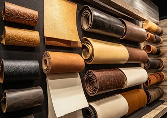 Display of various leather rolls.  Different shades and textures of leather, displayed on wooden shelves