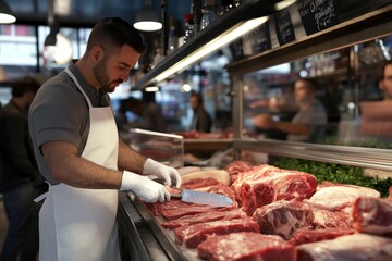 Fototapeta premium Butcher Cutting Fresh Meat in a Busy Market Stall Displaying Expertise and Quality
