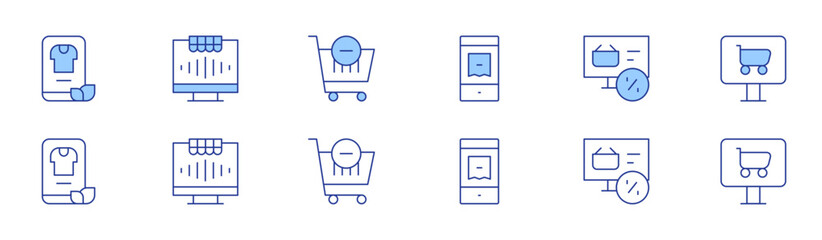 E-commerce icon set in two styles, Duotone and Thin Line style. Editable stroke. second hand, buy, shopping cart, online payment, ecommerce, buy online