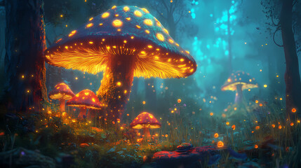 Magical digital mushroom in enchanted forest. Shroom Network. Illustration