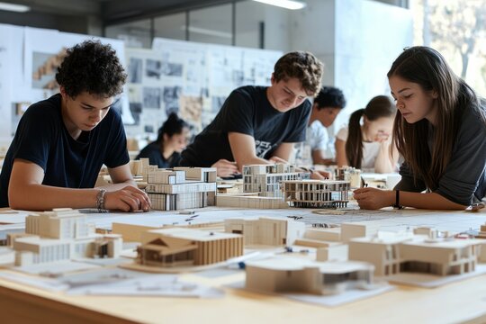 Architecture Students Collaborating on Building Models in a Modern Classroom Setting